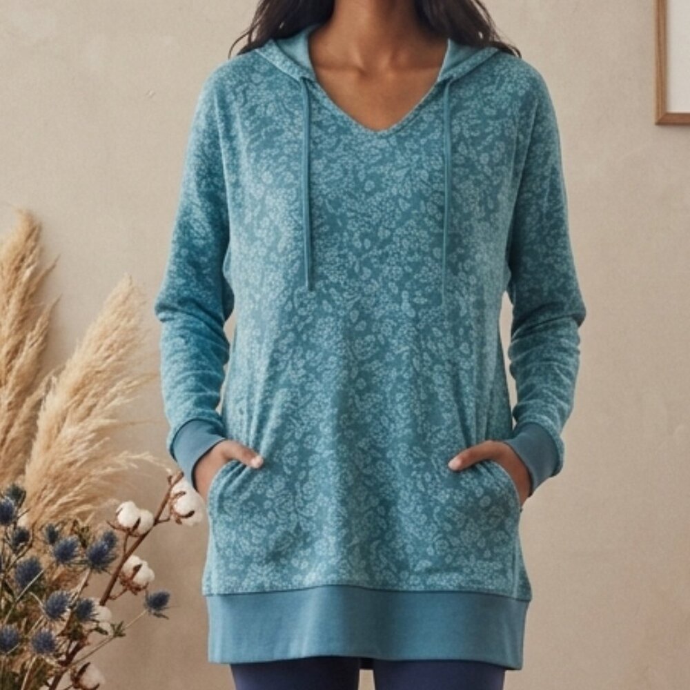 Floral Athleta Sundown Alliance Hoodie Teal Blue Cotton Pullover Size M Medium